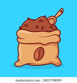 Vector cute Bag of coffee with spoon illustration cartoon doodle flat colorful line art vector design isolated object icon