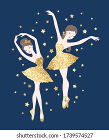 Vector cute ballerinas in gold glitter tutu dresses and sparkle stars on blue background. Ballet dance cartoon illustration