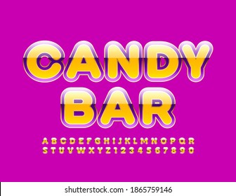 Vector cute banner Candy Bar. Bright Glossy Font. Creative Alphabet Letters and Numbers set