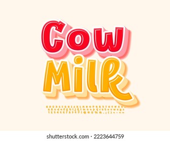 Vector cute banner Cow Milk with Yellow 3D Font. Creative Alphabet Letters, Numbers and Symbols set