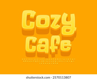 Vector cute banner Cozy Cafe. Sunny Yellow 3D Font. Comic style Set of Alphabet Letters and Numbers.