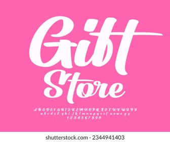 Vector cute banner Gift Store with cursive white Font. Set of elegant Alphabet Letters and Numbers