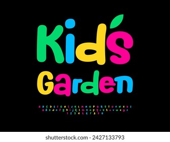 Vector cute banner Kids Garden with decorative Leaf. Handwritten Childish Font. Colorful funny Alphabet Letters and Numbers set