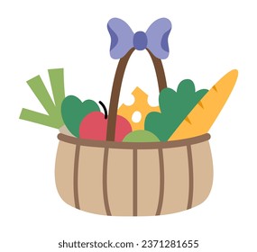 Cesta vectorial linda con manzanas, baguette, vegetación, queso, hojas. Clipart de comida francesa. Graciosa ilustración de compra de mercado de estilo plano aislada en fondo blanco. Icono de cosecha de granjas
