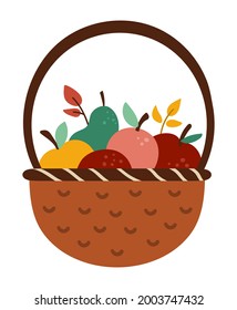Vector cute basket with apples, pears and leaves. Autumn garden clipart. Funny flat style fruit illustration isolated on white background. Fall season harvest icon