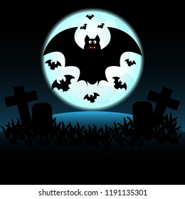Vector of cute bat in the graveyard on full moon or moonlight background for halloween night day.