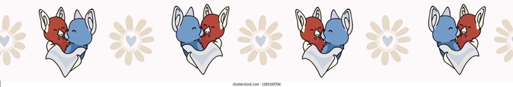 Vector cute bat hug daisy flower hearts. Seamless repeat border. Hand drawn 2 bats hugging for romantic valentines day, wedding or wildlife celebration banner ribbon. Free hug concept.