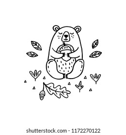Vector cute bear with acorn isolated on white background. Outline illustration.