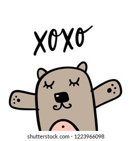 Vector cute bear art and Hugs and kisses text. Poster and banner element, children's book illustration, postcard, gift card, print for t-shirt and more, sticker, label and other. Isolated on white