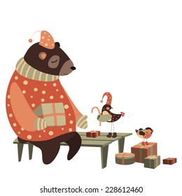 Vector cute bear and bird celebrate Christmas