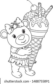 Vector cute bear cartoon holding ice cream, black silhouette for coloring.  