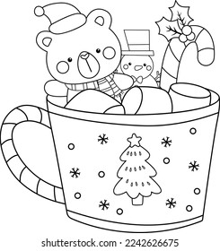 a vector of a cute bear in a Christmas themed mug in black and white colouring