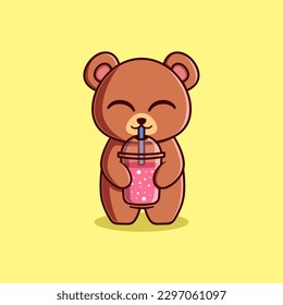 Vector Cute Bear Drinking Smoothie Illustration. Kawaii Animal Cartoon Character Design For Banner, Poster, Icon, and Mascot