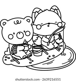 a vector of a cute bear and fox fishing in the lake in black and white coloring
