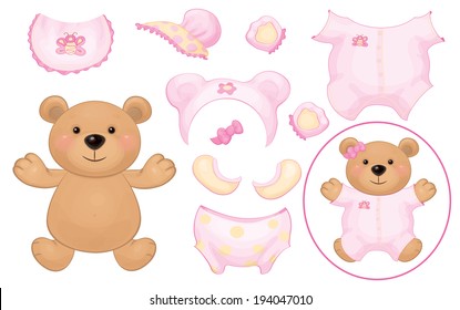 Vector Cute  Bear Girl And Baby Clothing, Dress Up Baby Bear.