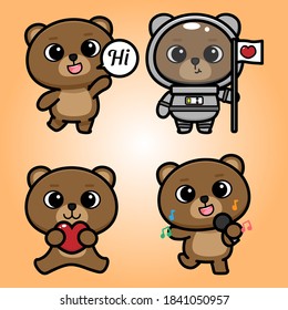 vector cute bear greeting, singing, wearing astronaut costume and holding love