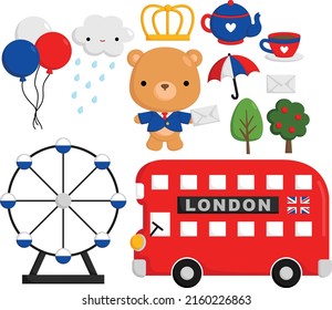 a vector of a cute bear and london objects