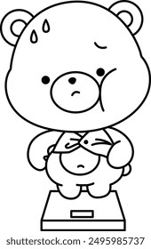 a vector of a cute bear on a weight scale in black and white coloring