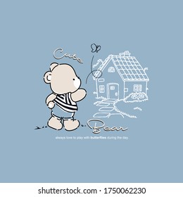 vector of cute bear playing with butterfly, cute animal, butterfly, design vector for t shirt kid, unique design vector