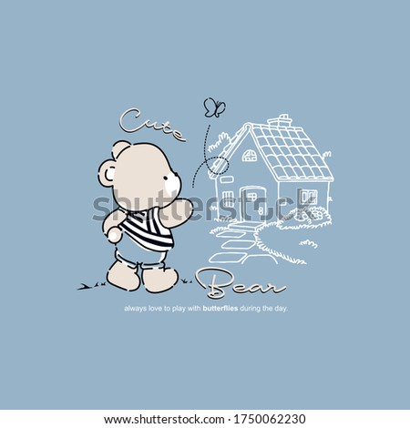 vector of cute bear playing with butterfly, cute animal, butterfly, design vector for t shirt kid, unique design vector