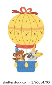 Vector cute bear and raccoon in hot air balloon. Funny birthday animals for card, poster, print design. Bright holiday illustration for kids. Cheerful celebration character icon
