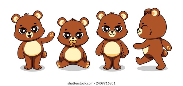 Vector Cute Bear Set Kinds Of Poses Standing, Walking, Say hi, and Eating Honey Cute Bear Illustration