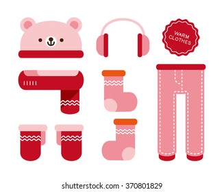 vector cute bear warm winter clothes / cartoon, flat / cap, earmuffs, gloves, socks, heat pants / pink on white