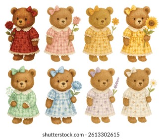 vector cute bear watercolor illustration set