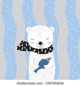 Vector Cute Bear winter. Doodle Cartoon Scandinavian Bear on the winter background. Scandinavian Nursery Print or Poster Design for Kids, Greeting Card, Baby dishes and clothes.