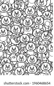 Vector cute bears cartoons, coloring page. Seamless pattern of Teddies cartoons.