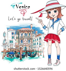 Vector cute beautiful baby girl in sailor suit, Venice, Italia.