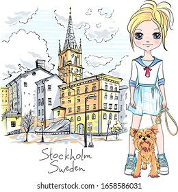 Vector cute beautiful baby girl in sailor suit with puppy dog, Gamla Stan, Old Town of Stockholm, the capital of Sweden