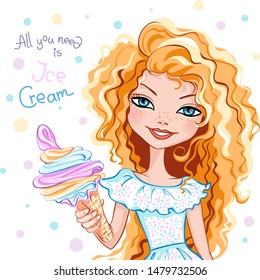 Vector cute beautiful blond girl with Ice Cream in white dress