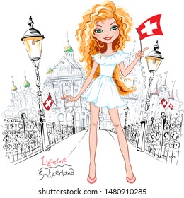 Vector cute beautiful blond girl in summer white dress with swiss flag on Reussbrucke bridge in the Old Town of Lucerne, Switzerland