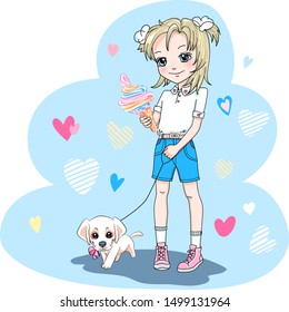 Vector cute beautiful blond girl with Ice Cream and Labrador puppy