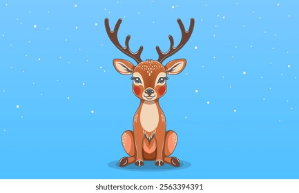 Vector cute beautiful cartoon sitting little deer baby. Blue background. Toon forest animal.