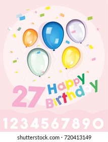 vector cute and beautiful celebration  birthday party poster with text happy birthday and numbers. For female or girl. colorful balloons with color papers for invitation card, open card or other print