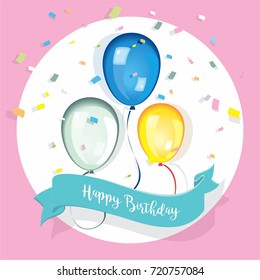 vector cute, beautiful celebration poster birthday party with text  happy birthday on ribbon, for female or girl wonderful colorful balloons with color papers, for invitation card, open card or prints