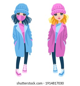 Vector Cute beautiful fashionable girl in warm clothes, hats and coats