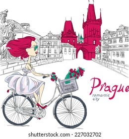 Vector Cute beautiful fashionable girl in  white dress rides a bike in Prague