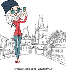 Vector Cute beautiful fashionable girl makes selfie on the Charles Bridge in Prague