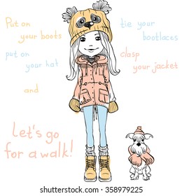 Vector Cute beautiful fashionable girl in a funny hat with a muzzle panda with dog