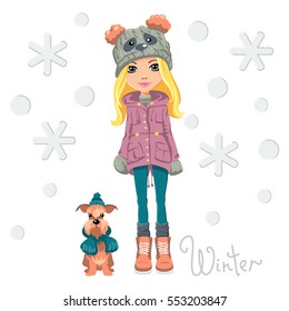 Vector Cute beautiful fashionable girl in a funny hat with muzzle panda with dog