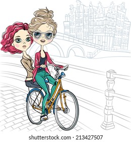 Vector Cute beautiful fashionable girls ride a bike in Amsterdam 