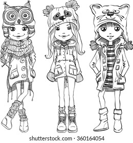 Vector cute beautiful fashionable girls in funny hats with muzzle cat, panda and owl