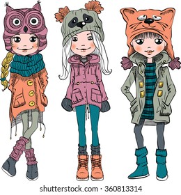 Vector cute beautiful fashionable girls in funny hats with muzzle cat, panda and owl