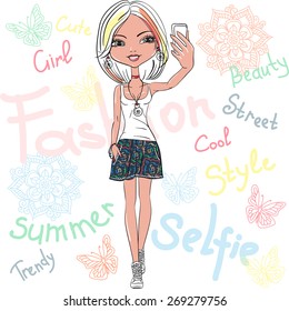 Vector Cute beautiful fashionable hipster girl makes selfie 