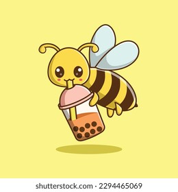 Vector Cute Bee Bubble Tea Cartoon Character Illustration