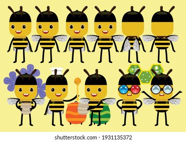vector cute bee cartoon character in different views and poses