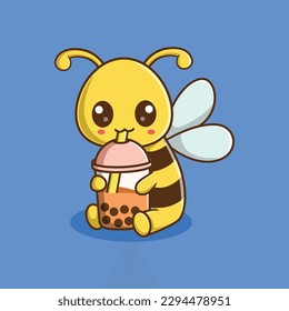 Vector Cute Bee Drinking Bubble Tea Cartoon Character Illustration